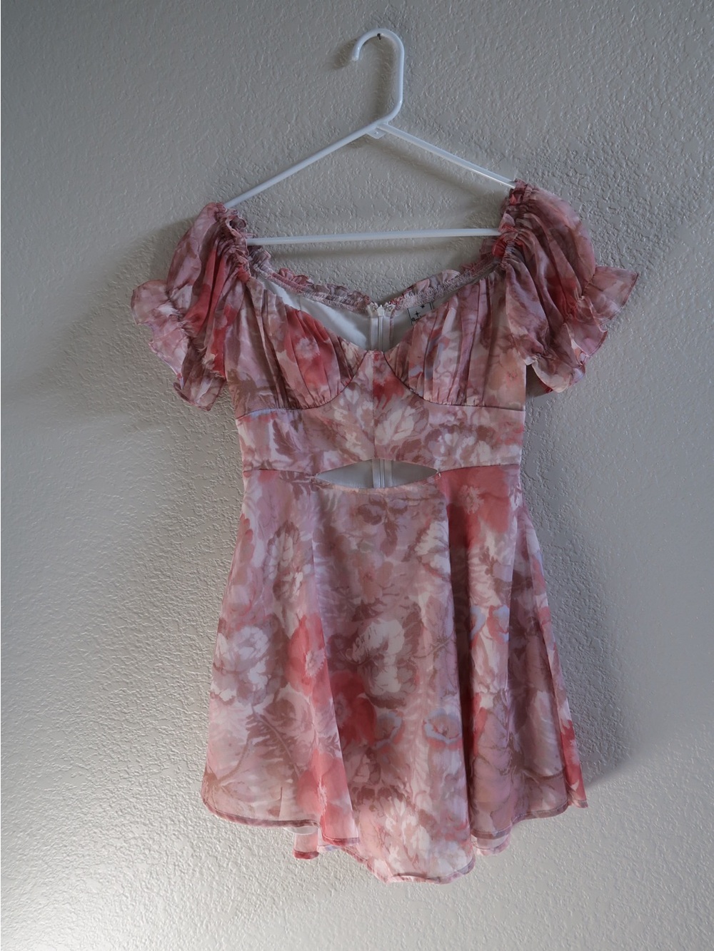 Angel Biba Pink Brown Floral Puff-Sleeve Cutout Mini Dress - Picture 2 of 11